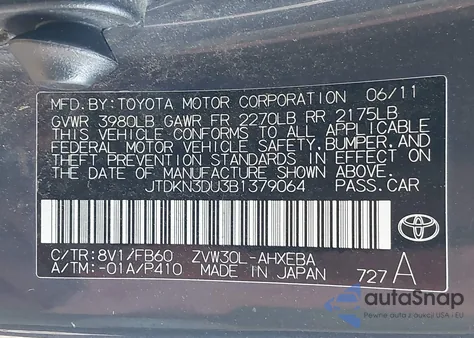 2011 Toyota Prius Three from USA, damaged, VIN JTDKN3DU3B1379064